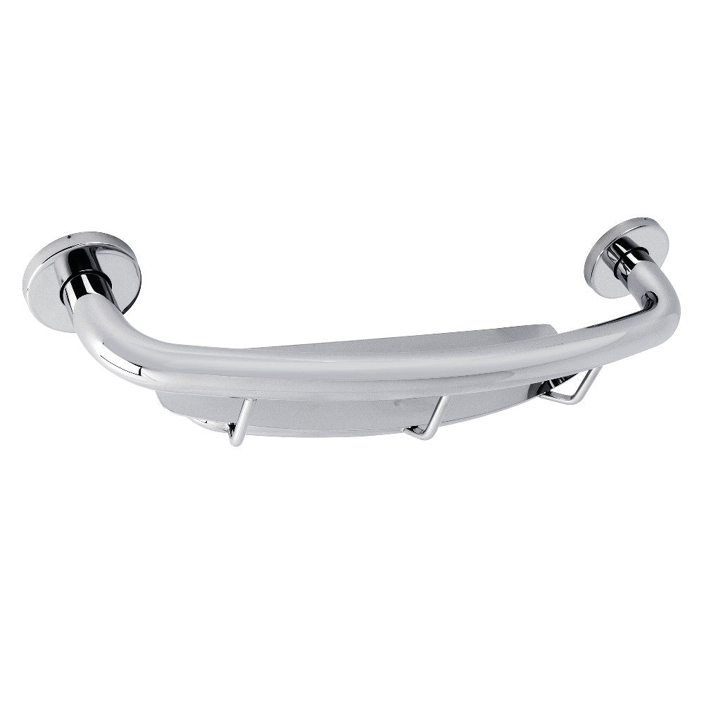 Curved polished chrome grab bar with integrated shelf and side mounting brackets