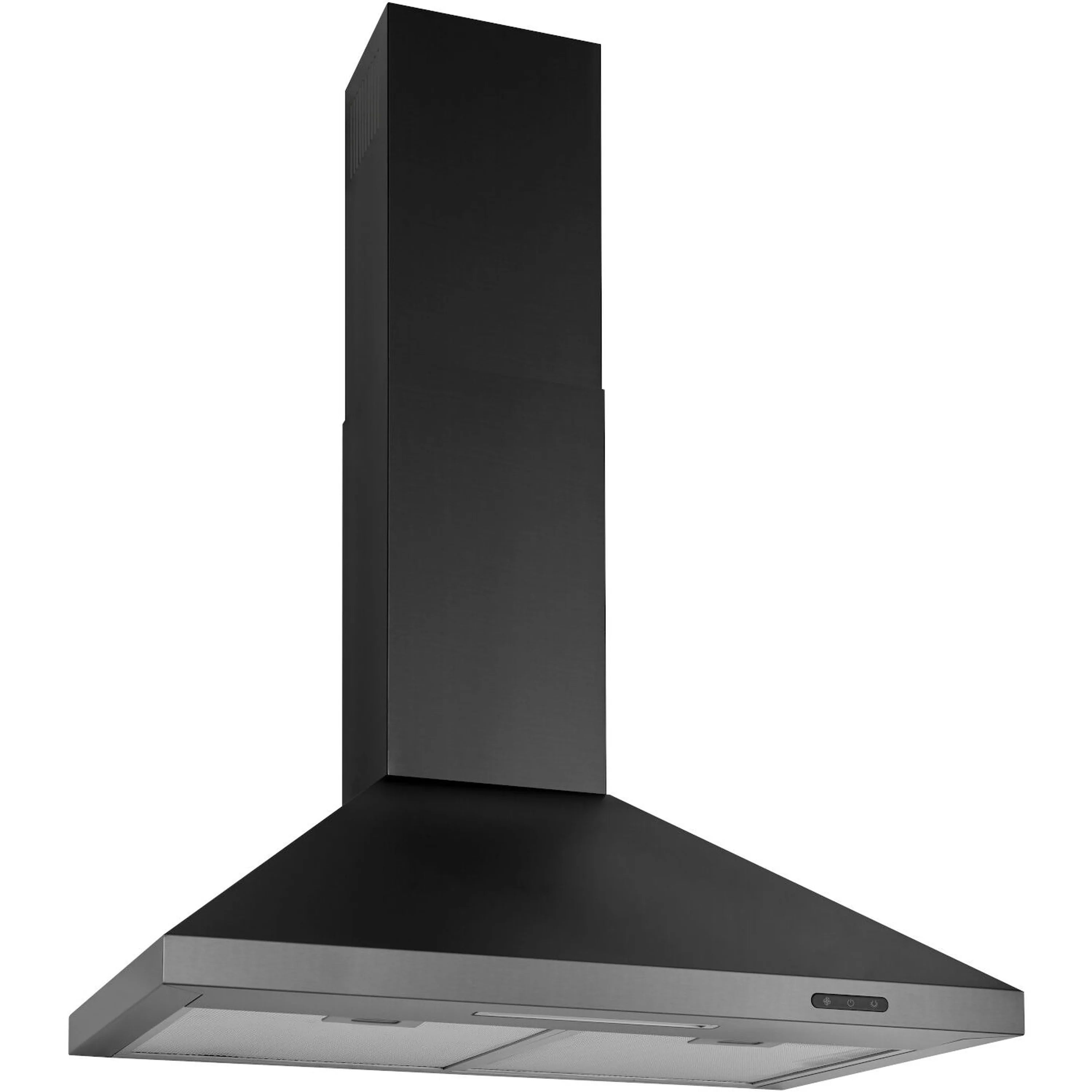 Black stainless steel pyramidal chimney range hood with angled vent canopy