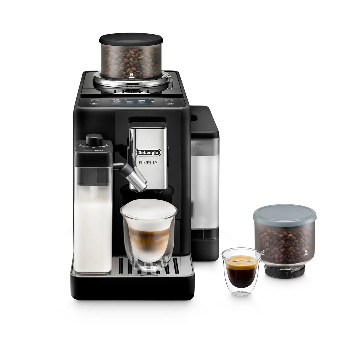 Black espresso machine with bean hopper, cup, and small bean container on side.