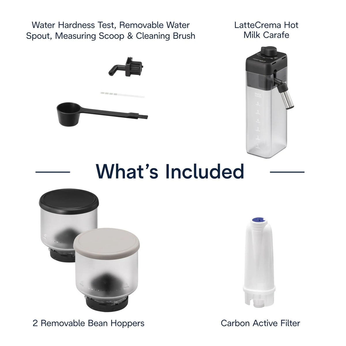 Espresso machine accessory box showing removable bean hoppers and filter components