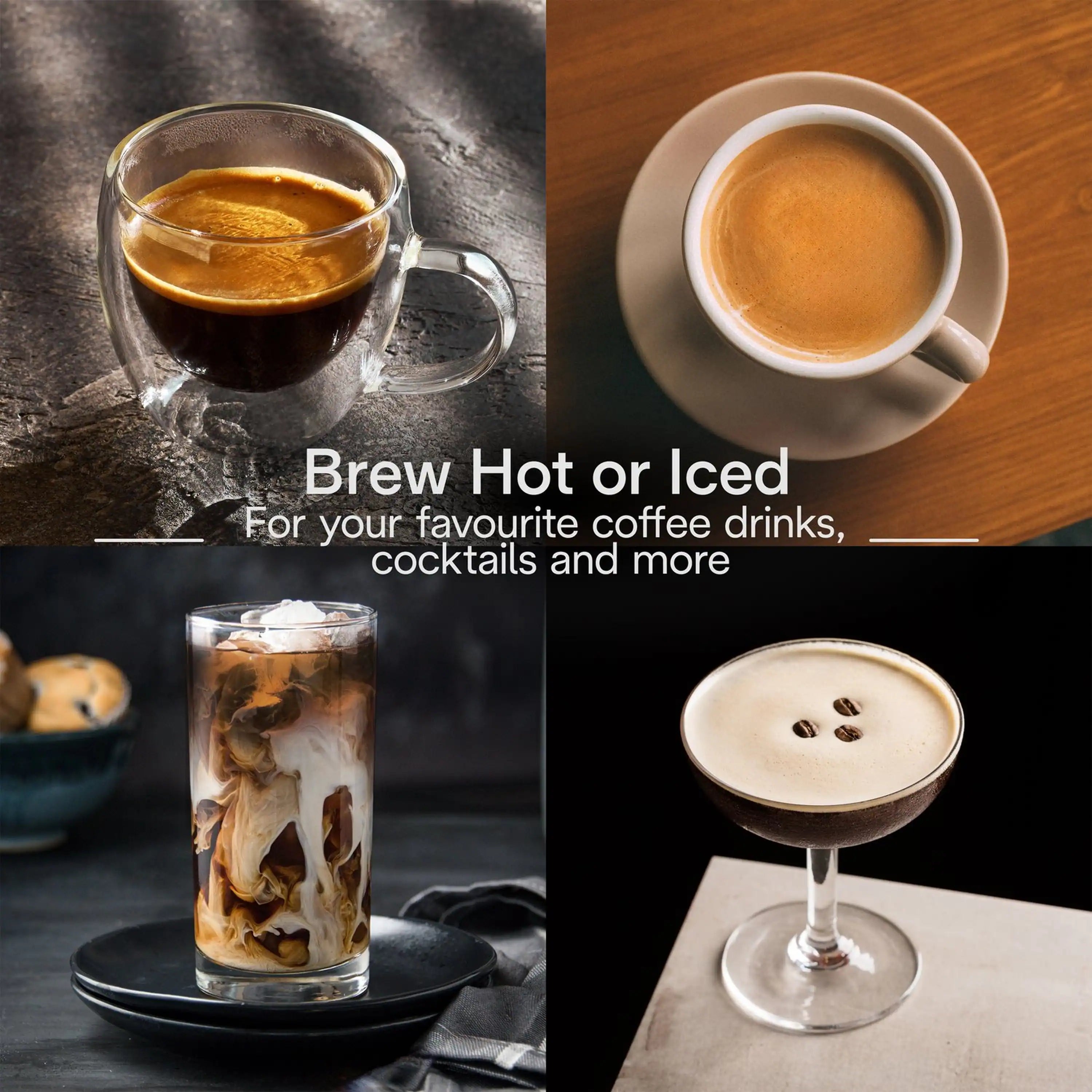 Espresso drinks set with espresso cup, latte, and iced coffee in glasses