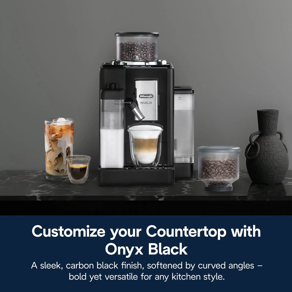 Black fully automatic espresso machine with bean hopper and integrated milk container.