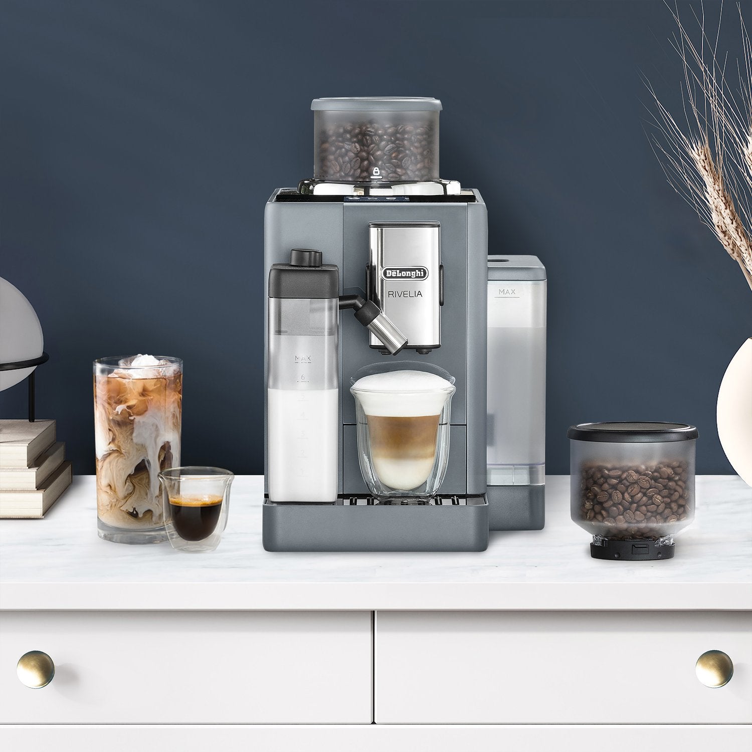 Pebble gray fully automatic espresso machine with bean hopper and milk container system