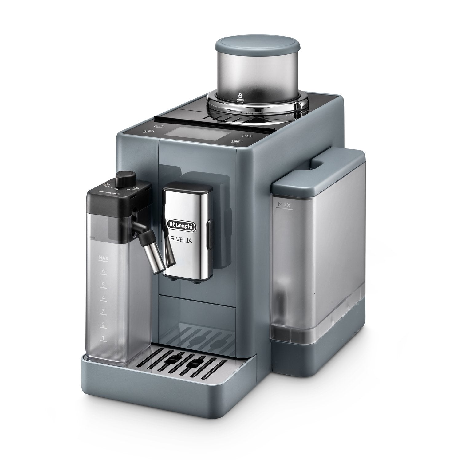 Pebble gray fully automatic espresso machine with bean hopper and side carafe containers