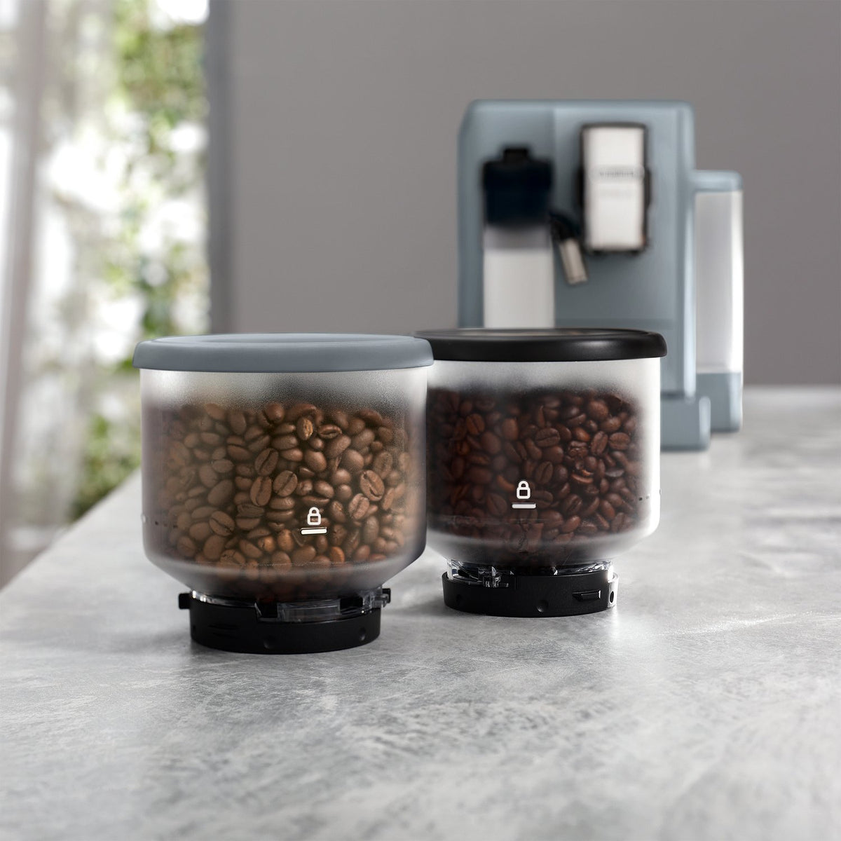 Pebble gray fully automatic espresso machine with two coffee bean hoppers