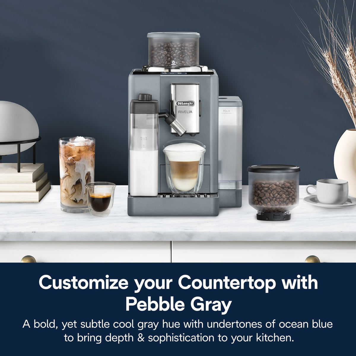 De'Longhi Rivelia fully automatic espresso machine in pebble gray with iced drinks and bean container
