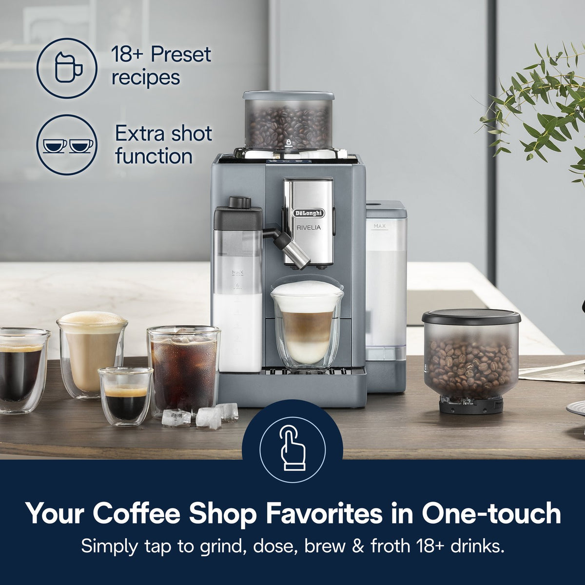 De'Longhi Rivelia fully automatic espresso machine, pebble gray, with cup under coffee spout