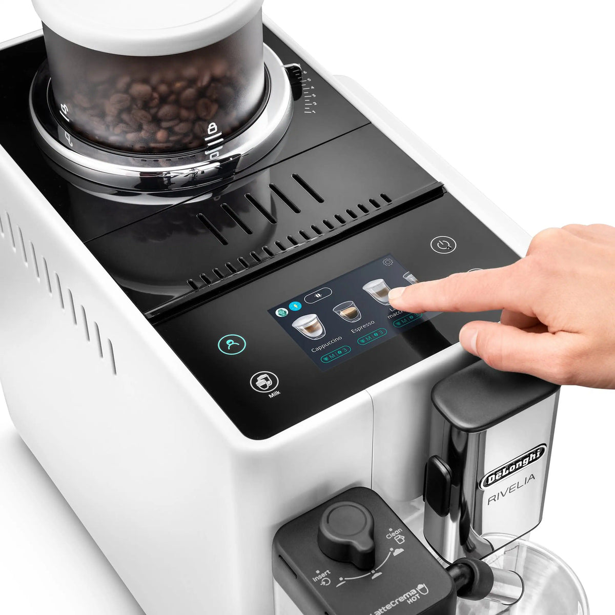 White fully automatic espresso machine with bean hopper, touchscreen control panel, and hand