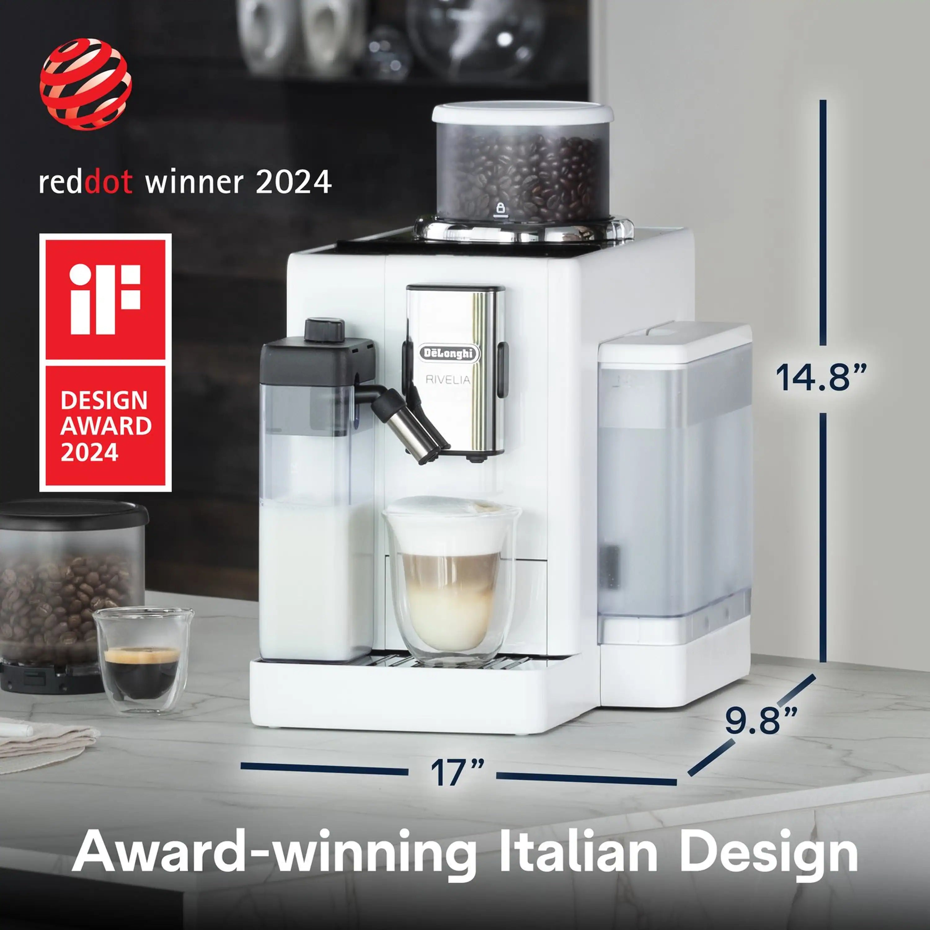 White fully automatic espresso machine with two bean hoppers and dispensing spout