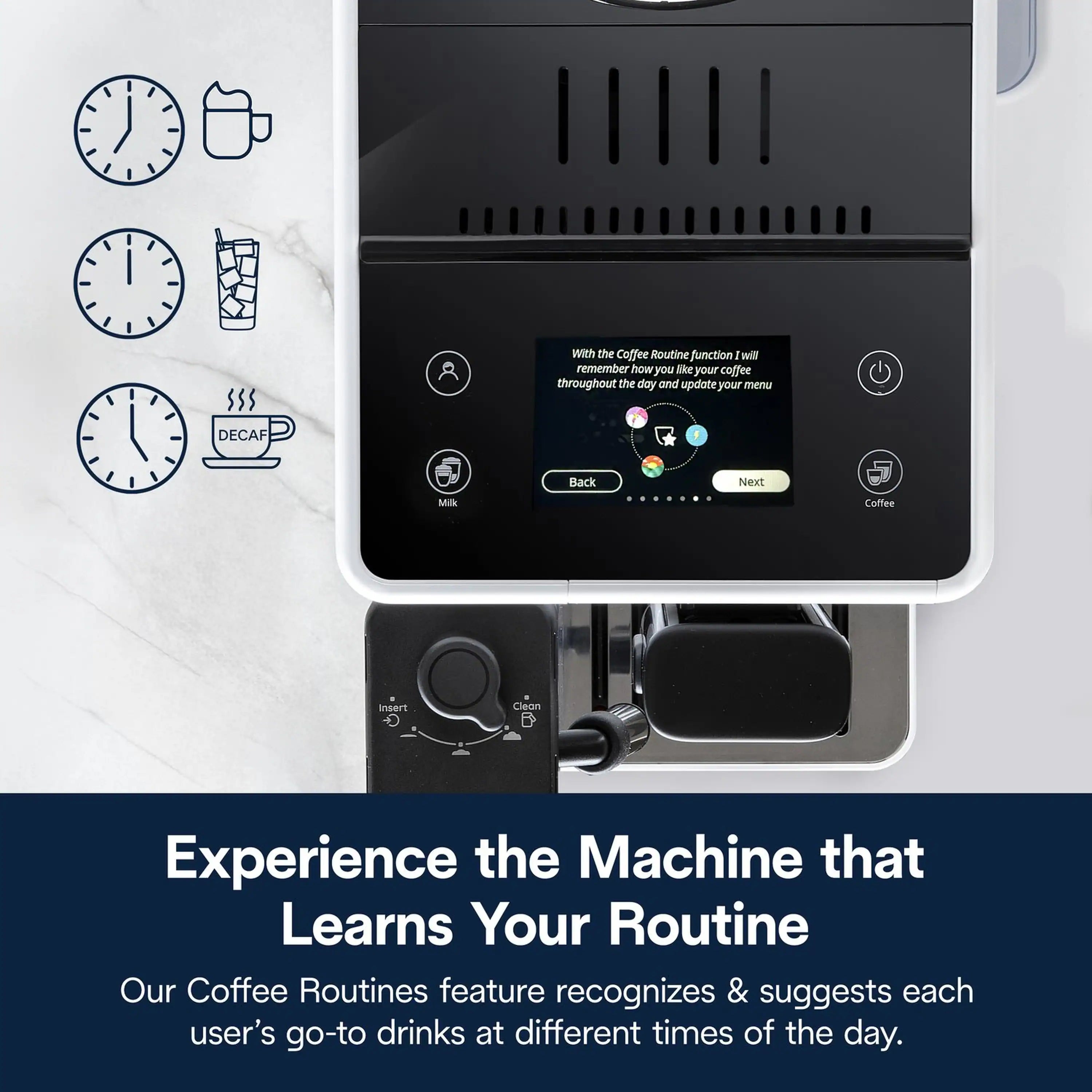 White espresso machine front panel with display, cup area, and touch controls