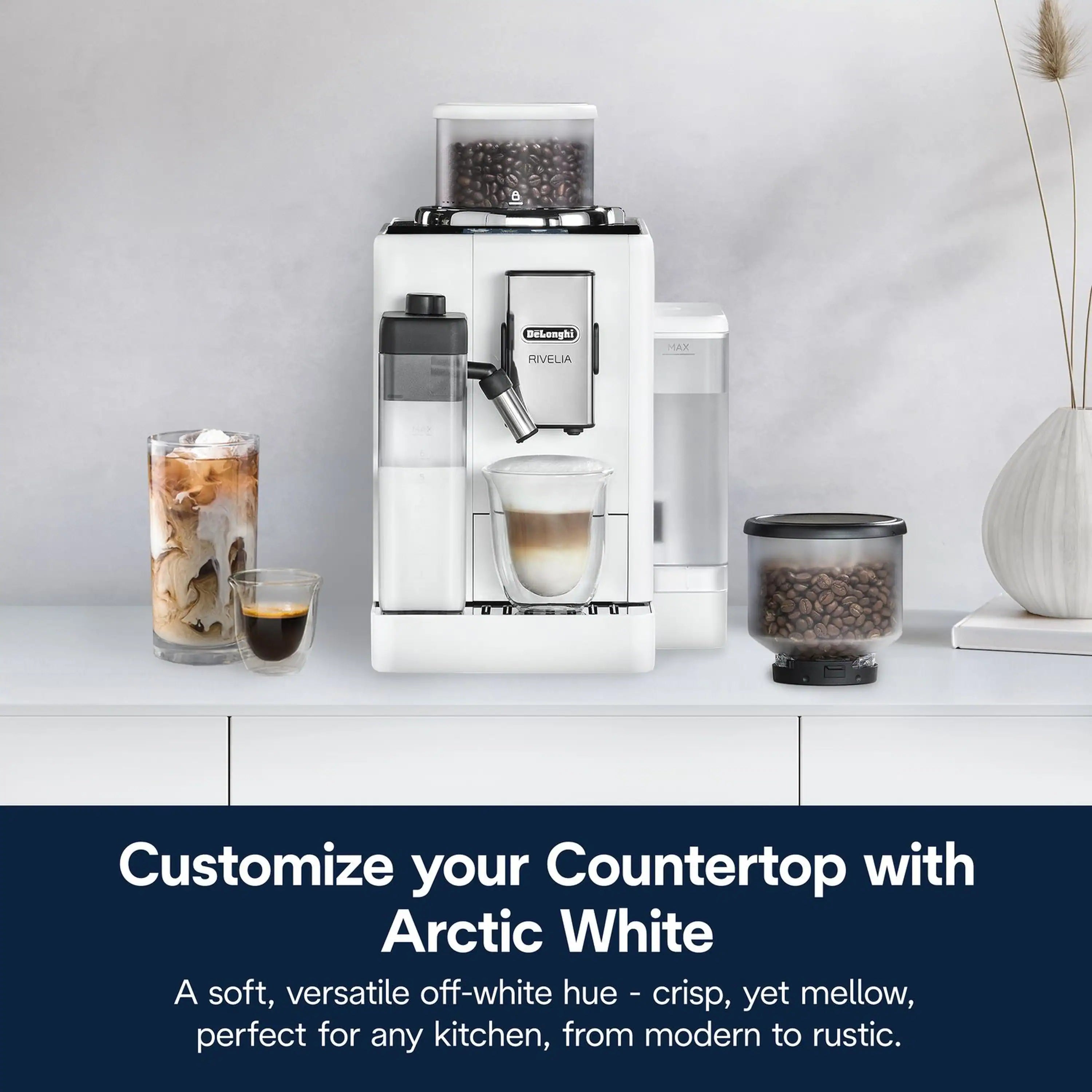 White fully automatic espresso machine with built-in bean hopper and milk container
