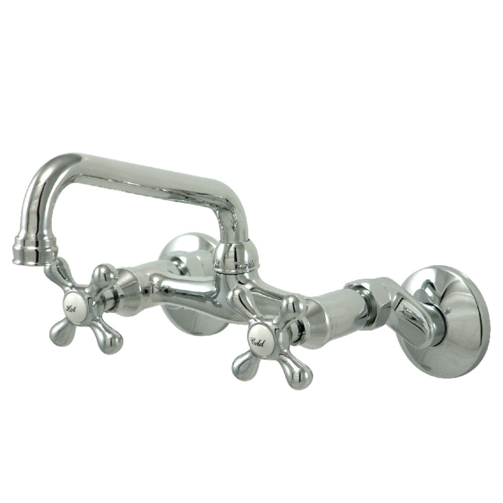 Polished chrome double-handle wall-mount bridge kitchen faucet with curved spout