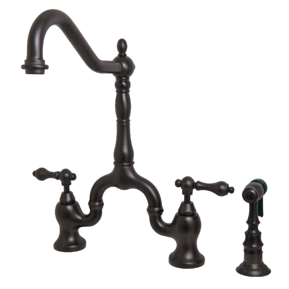 Oil-rubbed bronze bridge kitchen faucet with side sprayer and dual handles