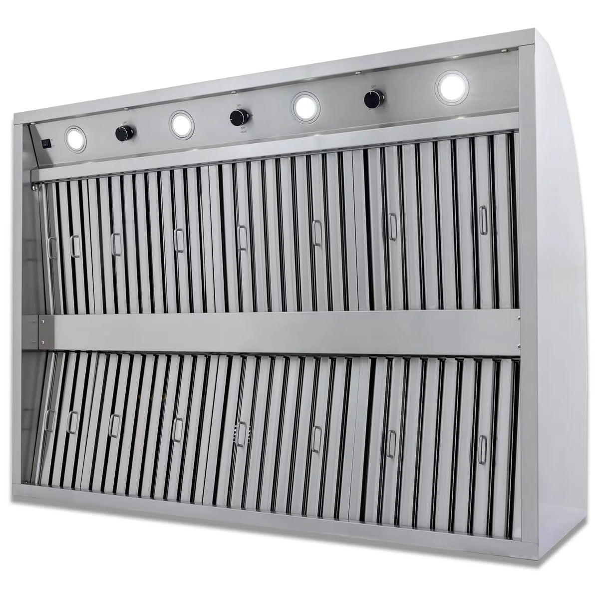 Outdoor vent hood with stainless frame, two-tier louvered panels, and indicator lights