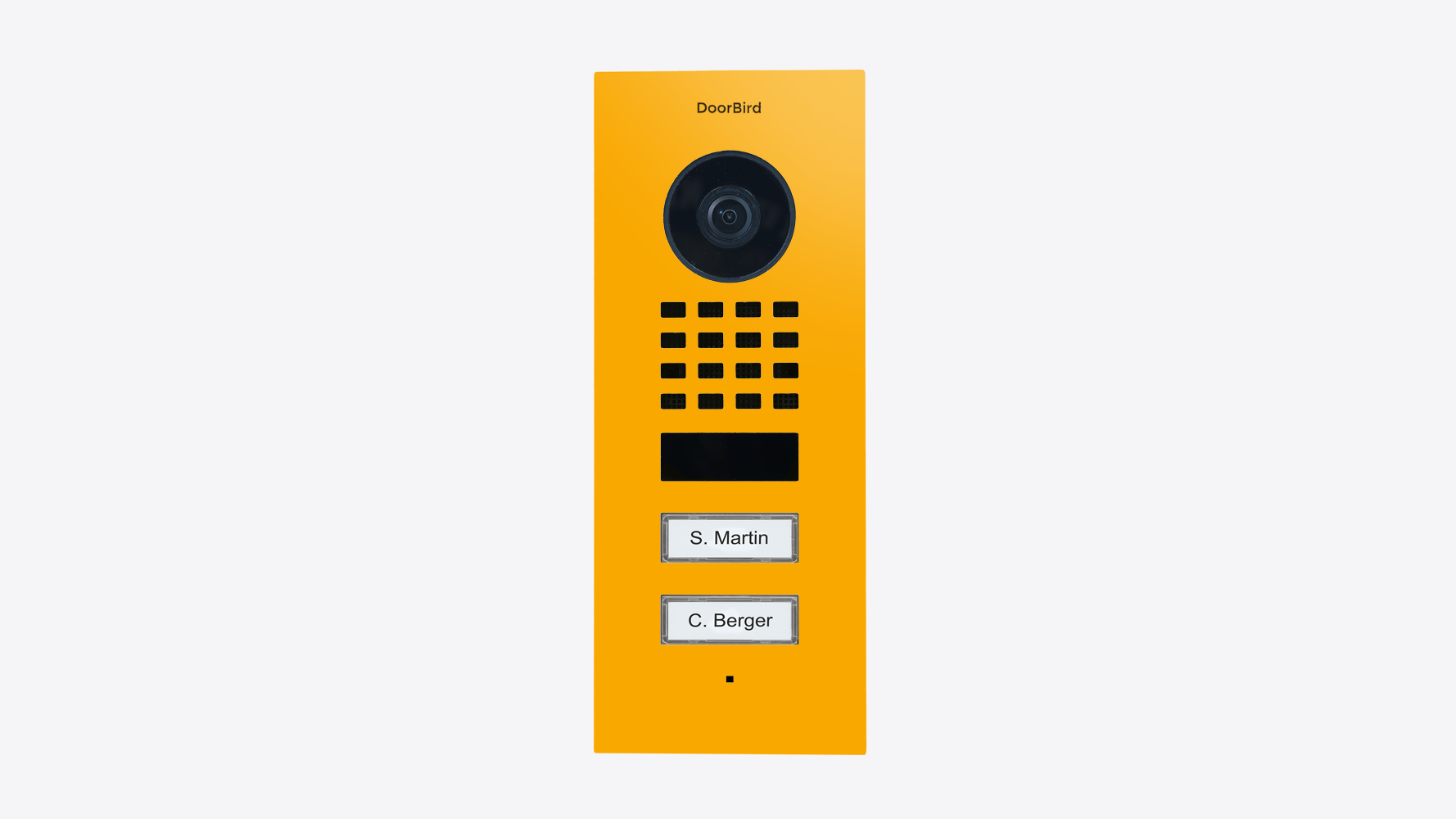 Flush-mount IP video door station with camera lens and speaker grille, golden yellow