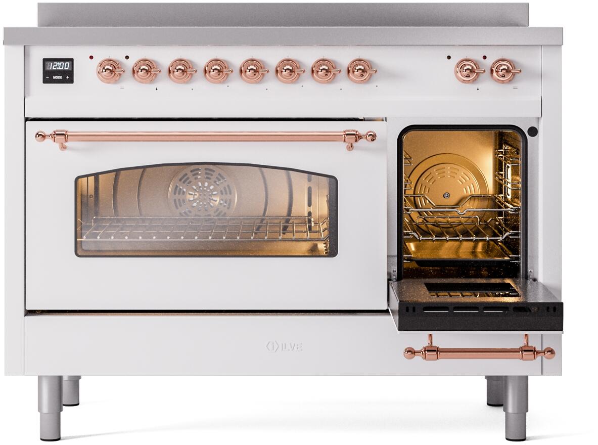 White induction range with front oven windows and right oven door open