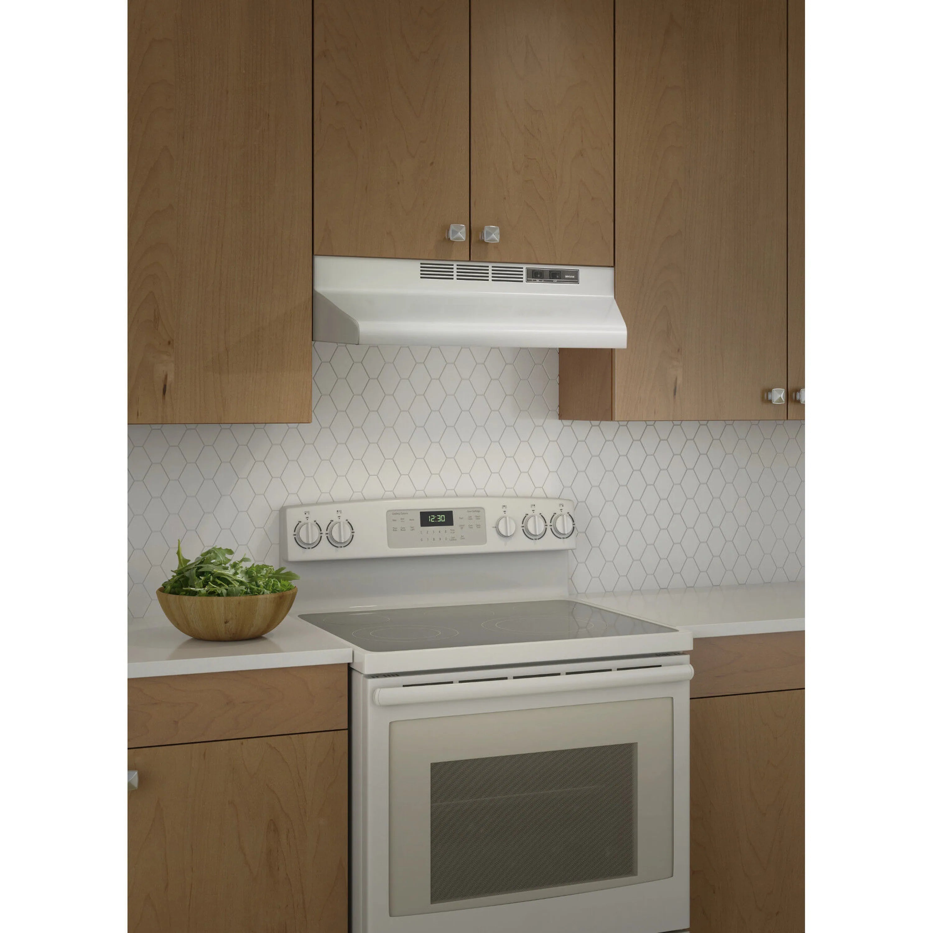 White under-cabinet range hood with front vent and lighting panel