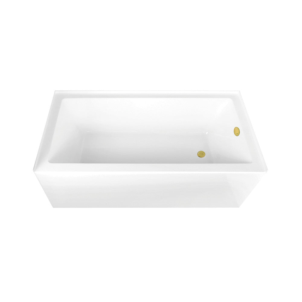 Glossy white rectangular acrylic alcove tub with right-side polished brass drain covers