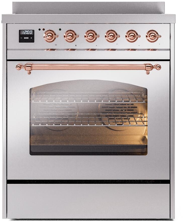 Freestanding induction range with closed glass oven door and copper control knobs