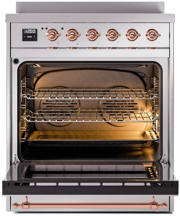 Induction range with oven door open, wire racks visible, and copper trim details
