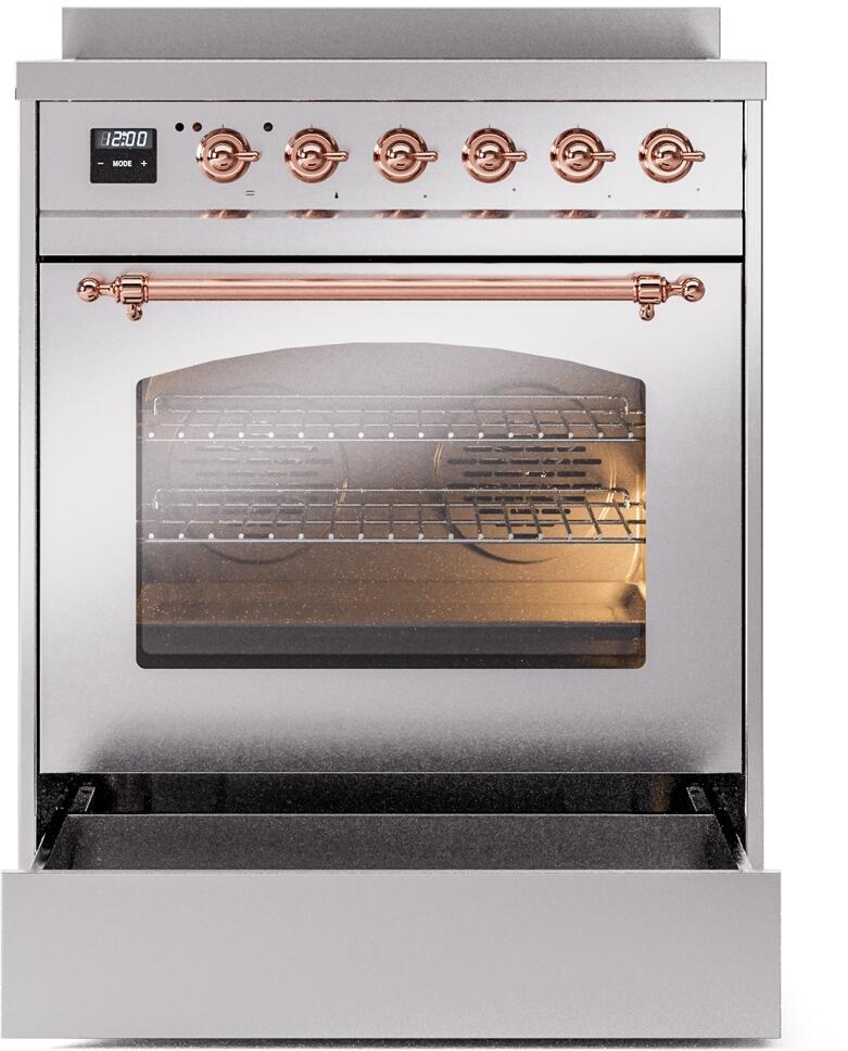 Induction range with open oven door and copper handle, stainless exterior and knobs
