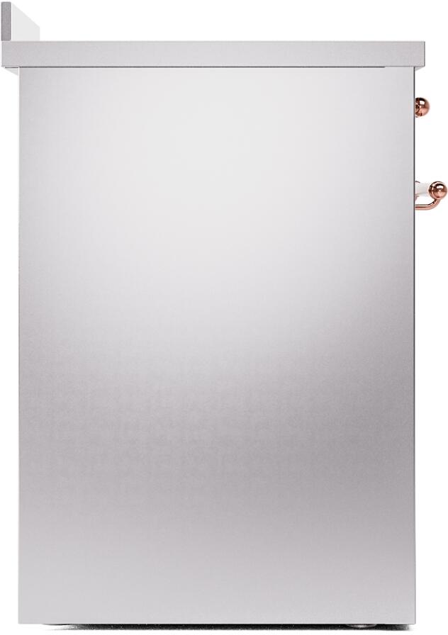 Freestanding induction range with stainless steel exterior and copper trim side hardware