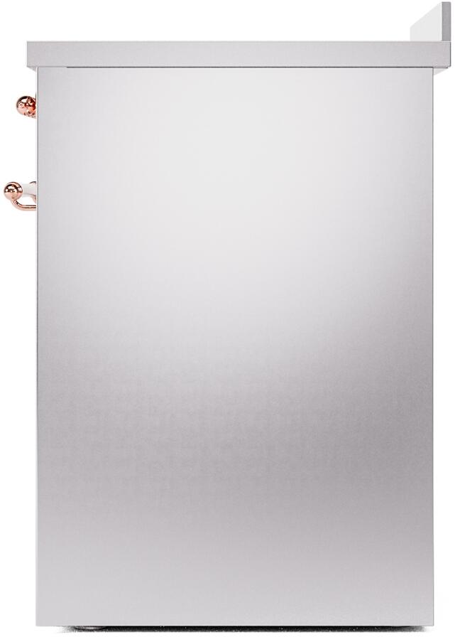 Freestanding induction range stainless steel side panel with copper trim accent knobs