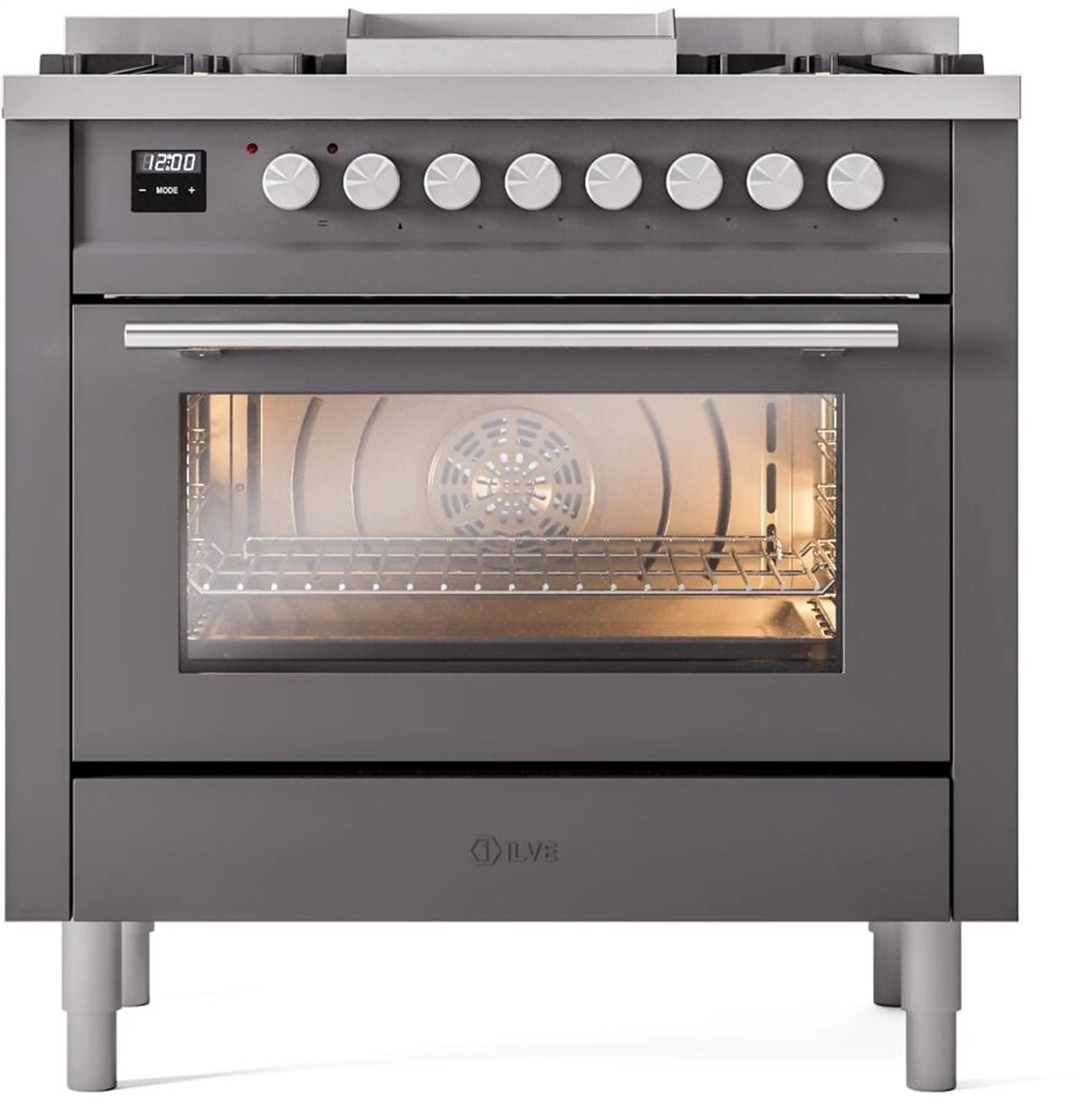 Matte graphite freestanding dual-fuel range with control panel and closed oven window