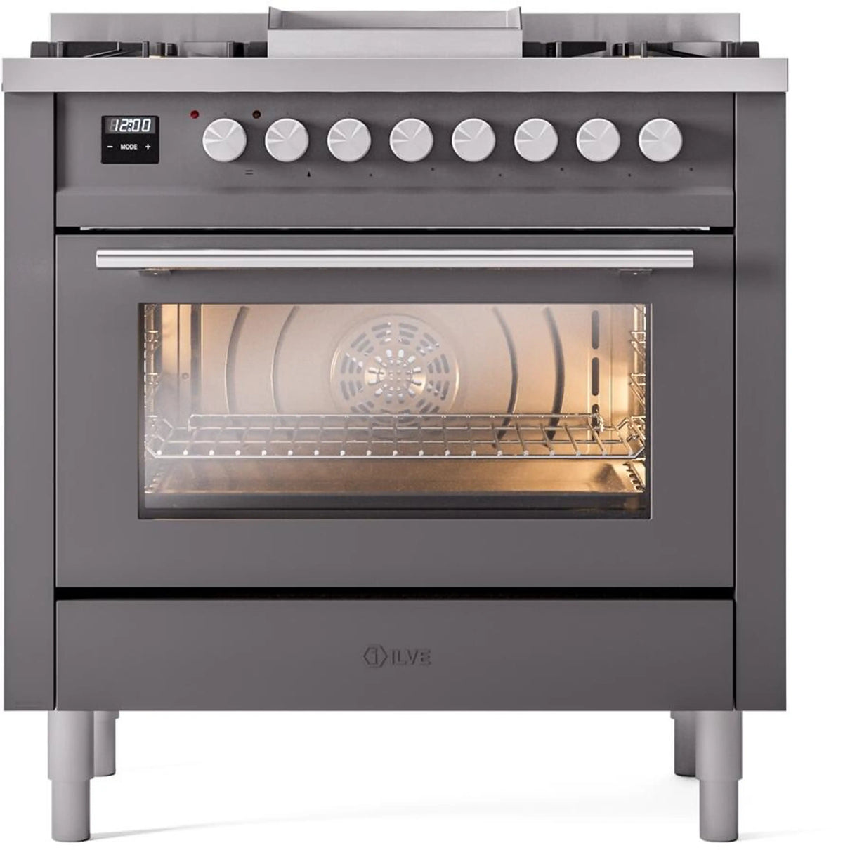 Matte graphite freestanding range with open oven door and control knobs