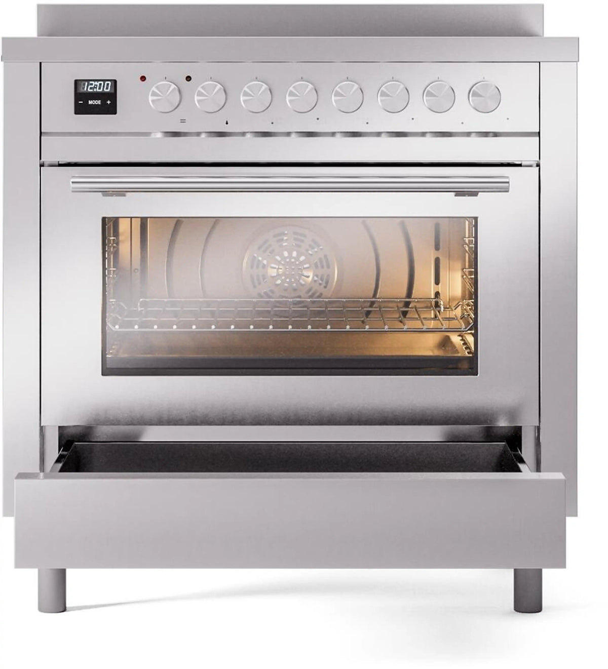 Stainless steel induction range with open oven door and control panel