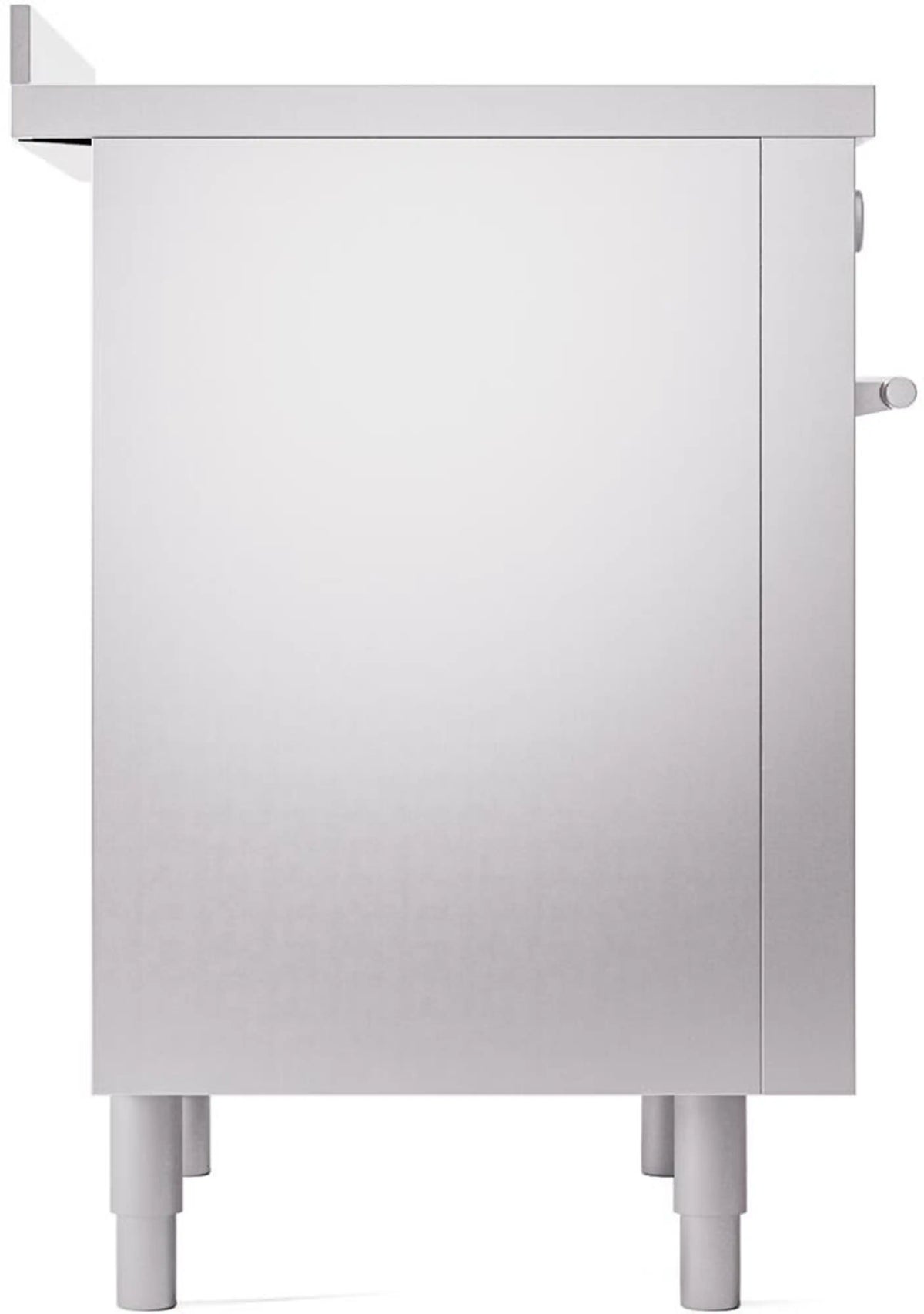 Stainless steel induction range side panel with corner edges and leveling feet