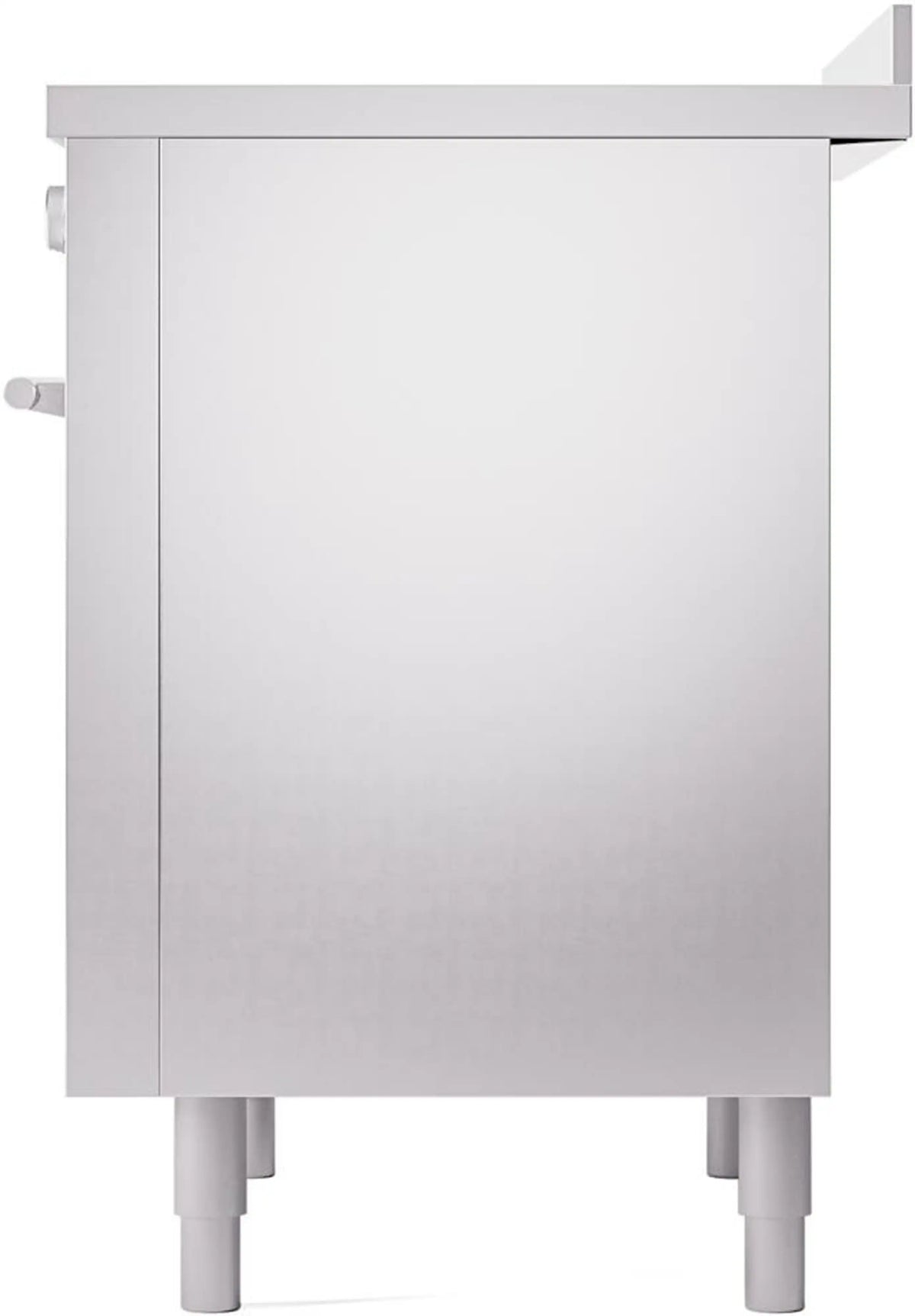Stainless steel induction range rear panel with legs and corner hardware