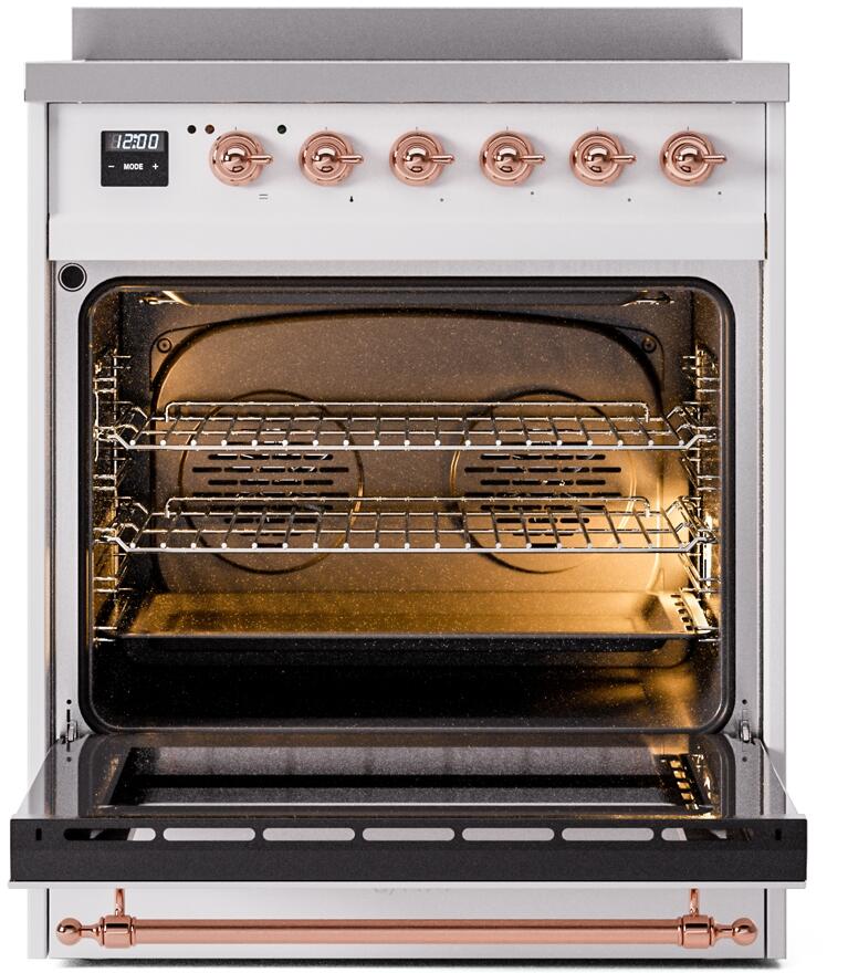 White range with open oven door, wire racks, and copper-toned trim