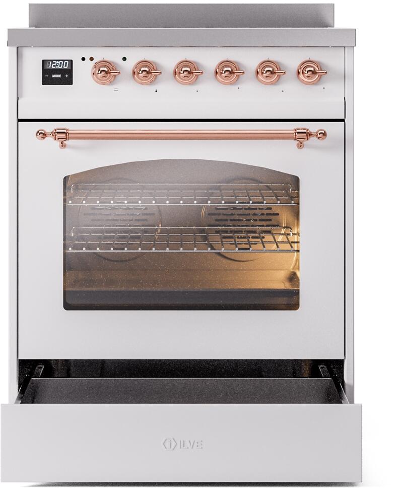 White electric induction range with oven window and copper bar handle