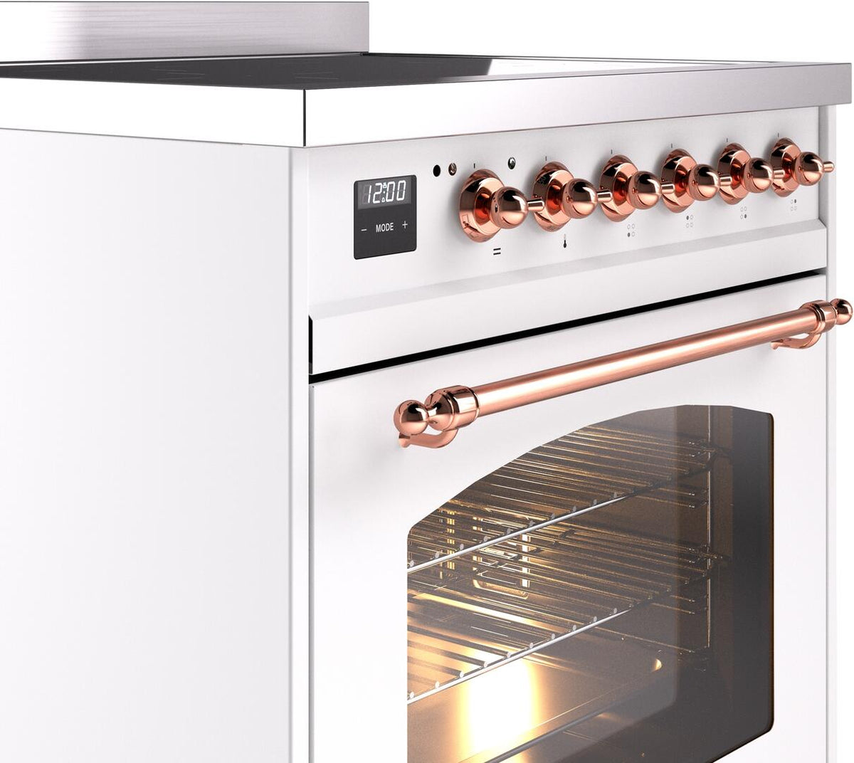 White range control panel with copper knobs and black digital display