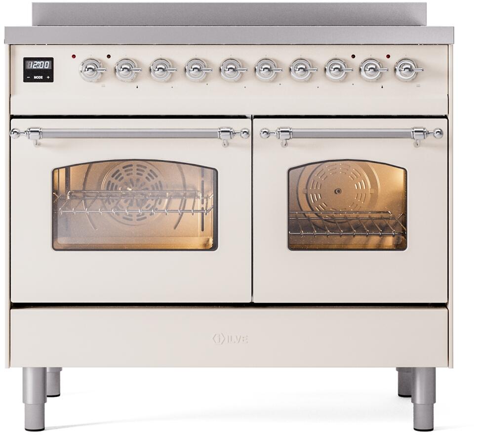 Antique white double oven electric induction range with chrome control knobs