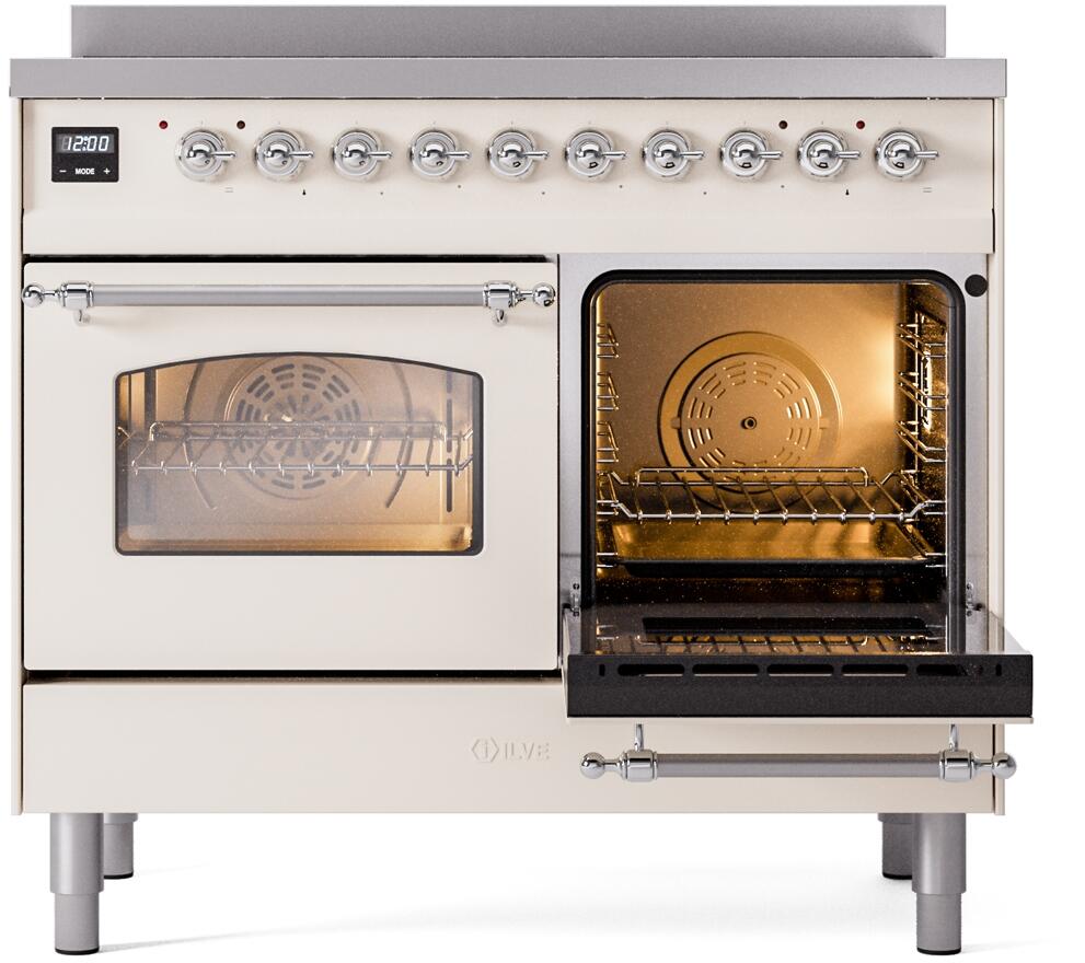 Electric induction range with right oven open and wire rack visible
