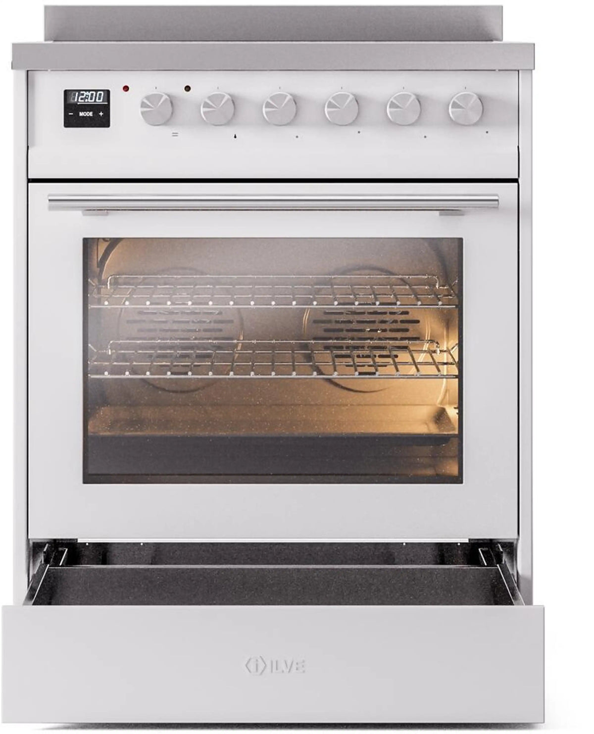 White induction range with open oven door and storage drawer pulled out