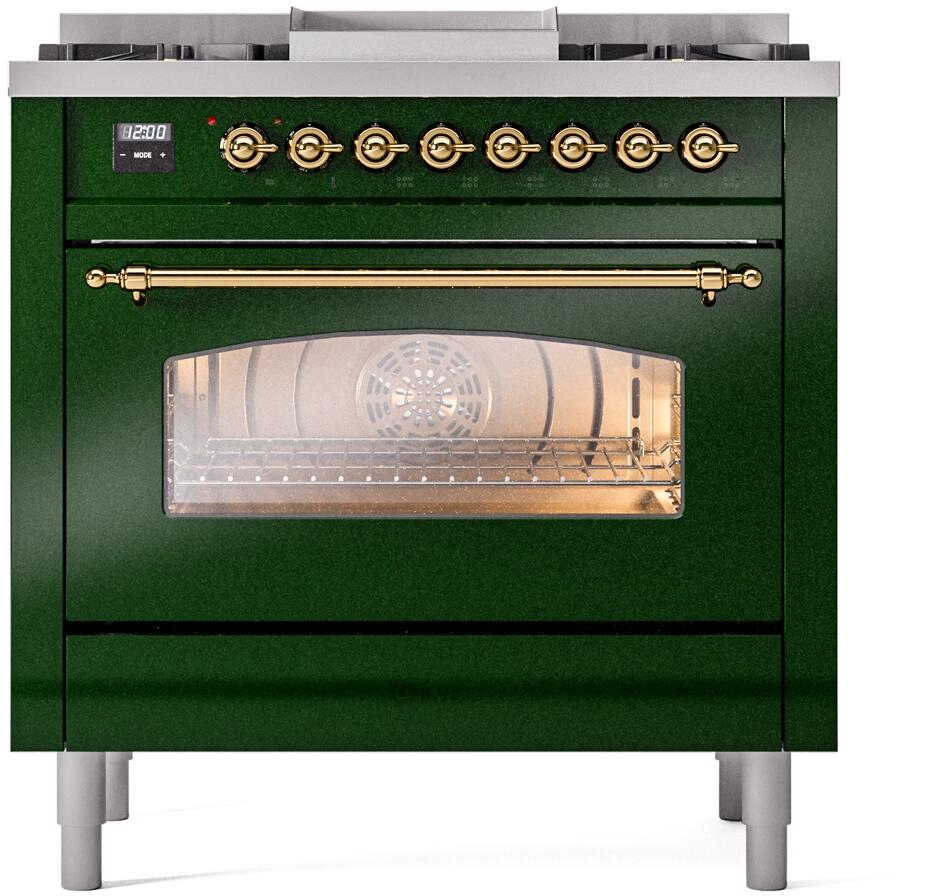 Emerald green dual fuel range with glass oven door and brass control handles