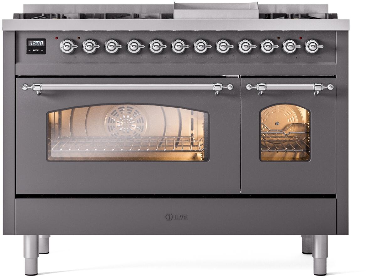 ILVE dual fuel freestanding range front view with matte graphite finish and oven window