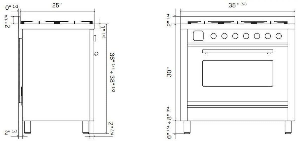 Induction range dimensions diagram with front and side measurements