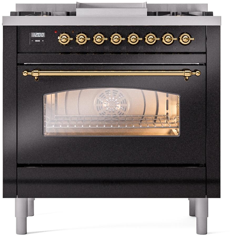 Glossy black freestanding dual fuel range with open oven door and brass handle
