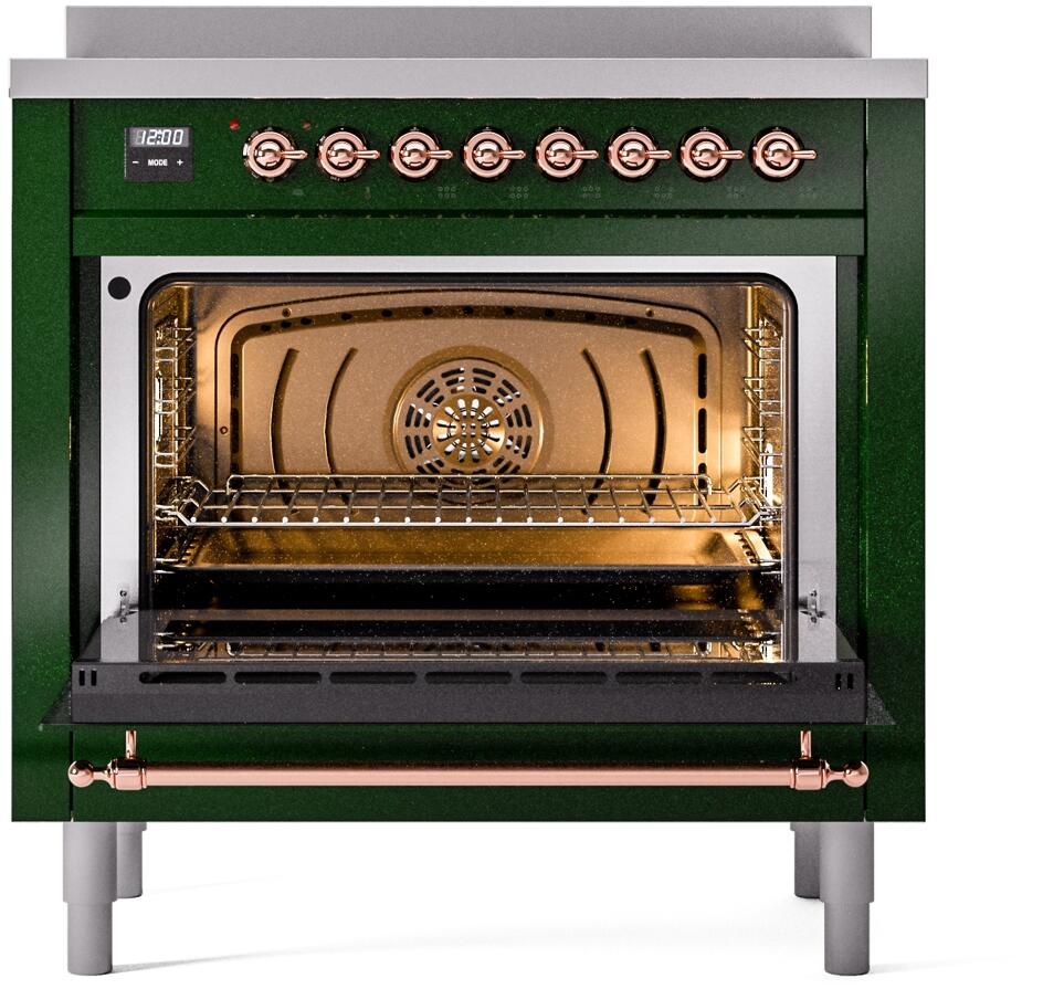Freestanding electric induction range oven door open, heated interior with racks and fan.