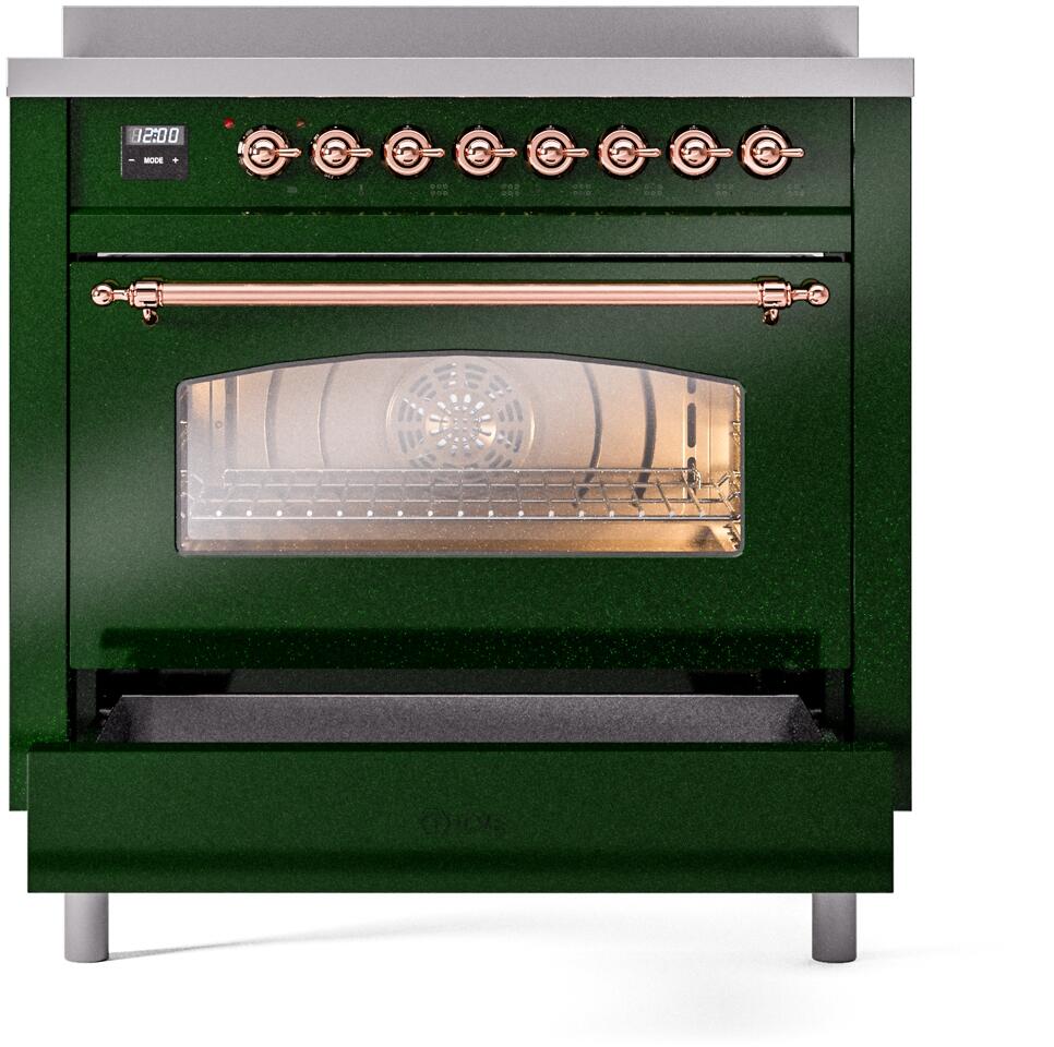 Freestanding electric induction range with oven door open, emerald green front panel.