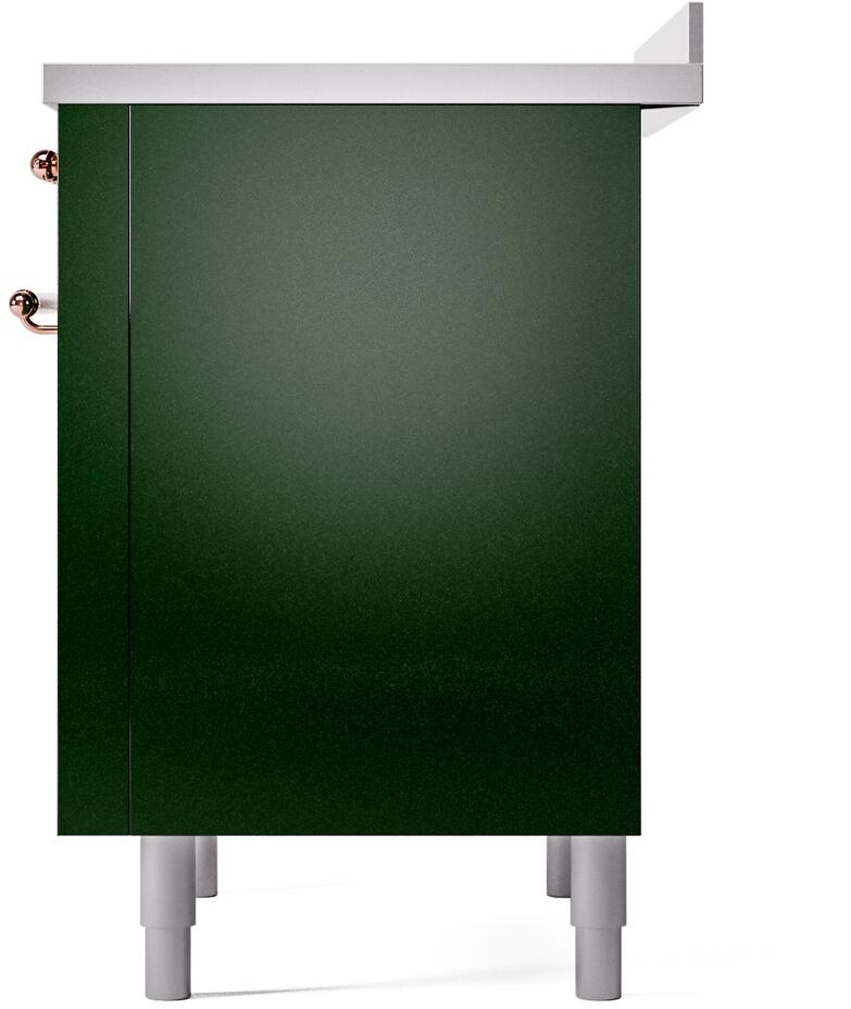Freestanding electric induction range back panel in emerald green with copper hardware.