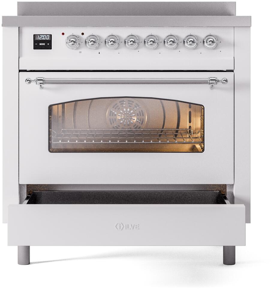 White freestanding electric induction range with oven door window and lower drawer extended