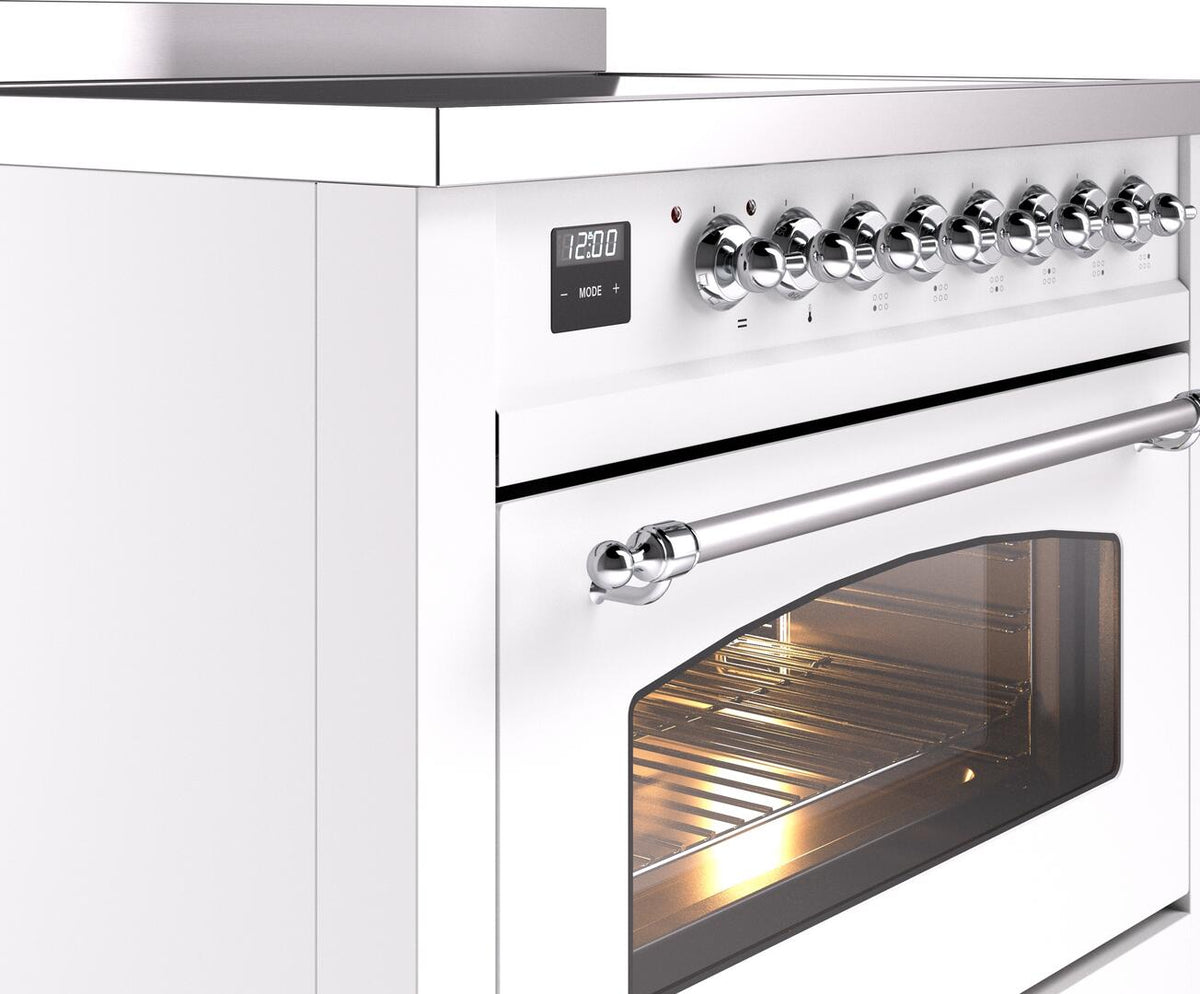 Side view of white freestanding electric induction range with chrome knobs and open oven door