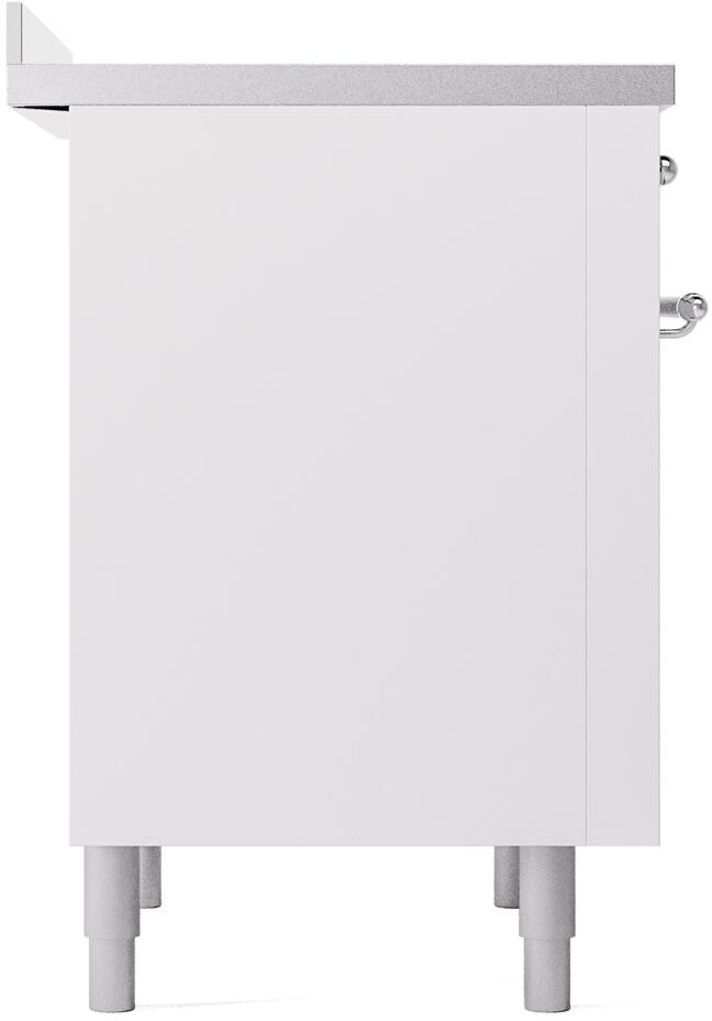 White freestanding electric induction range side panel with front legs and chrome handle