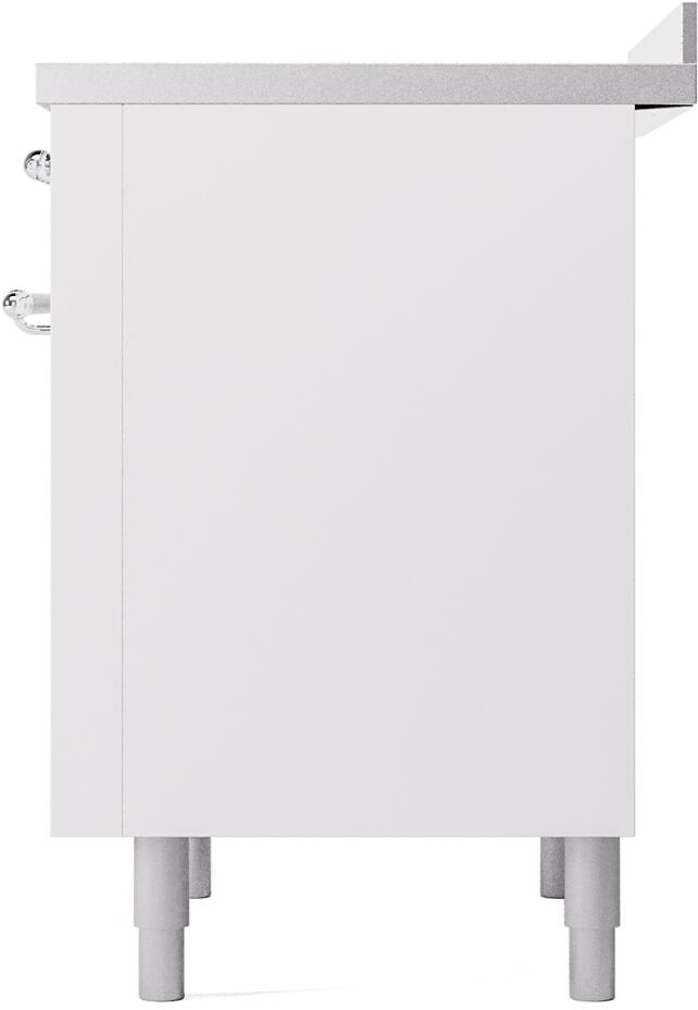 White freestanding electric induction range side panel with legs and smooth front corner