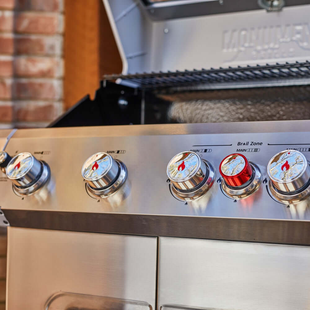 Stainless steel grill front control knobs with flame indicators and burner zones